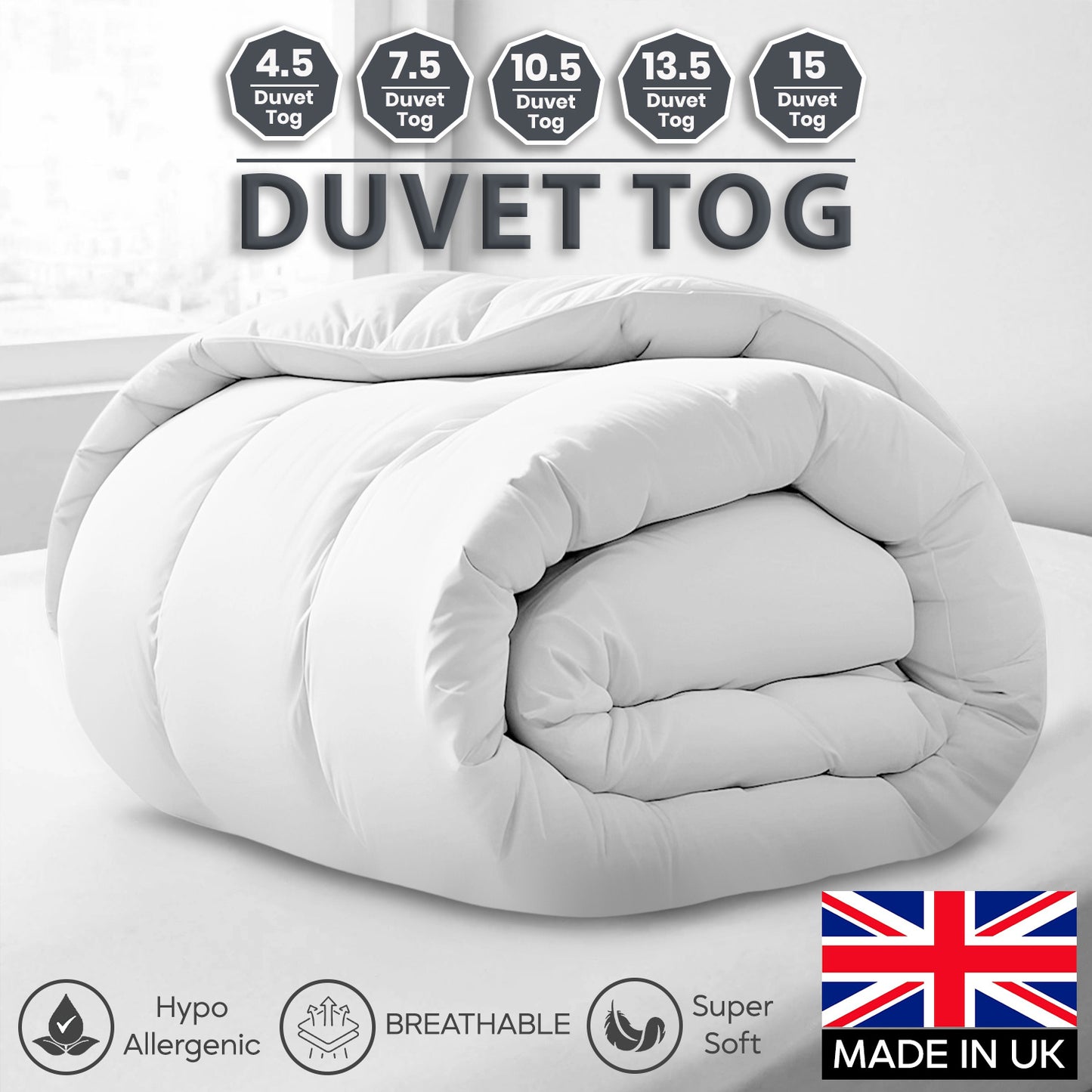 All Seasons Duvet, Breathable & Soft Summer Quilt, Lightweight Comforter Bedding, 2.5 4.5 7.5 10.5 13.5 15 Tog, All Sizes Available