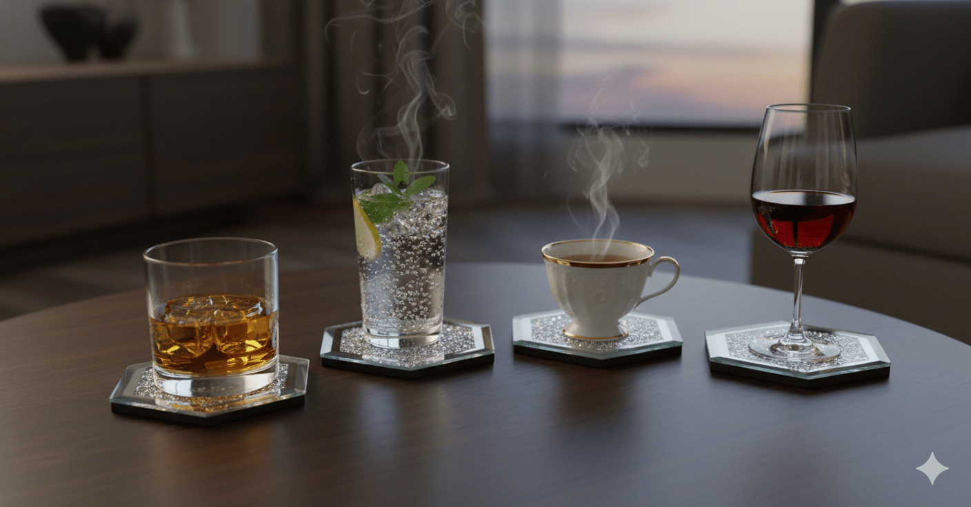 SERENA'S ® Set of 4 Hexagon Crystal Coasters – 10cm Glass Mirrored Drink Coasters with Glitter Crushed Diamond Design – Elegant Coasters for Home, Kitchen, Bar, or Table Decoration