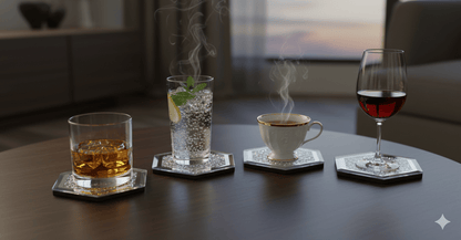 SERENA'S ® Set of 4 Hexagon Crystal Coasters – 10cm Glass Mirrored Drink Coasters with Glitter Crushed Diamond Design – Elegant Coasters for Home, Kitchen, Bar, or Table Decoration