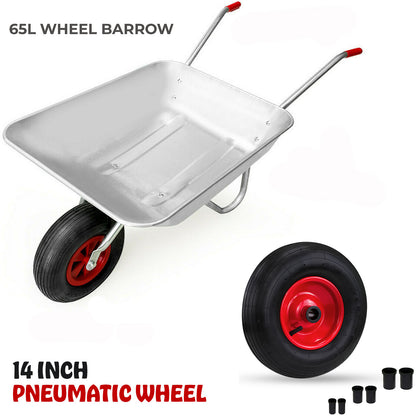 65L Wheelbarrow Heavy Duty Galvanised Home Garden Metal Cart with Pneumatic Tyre