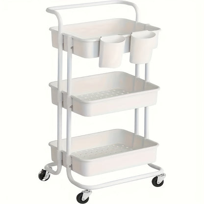 3-Tier Rolling Storage Trolley, White Utility Cart with Lockable Wheels, Quick Assembly, Ideal for Kitchen, Bathroom or Bedroom