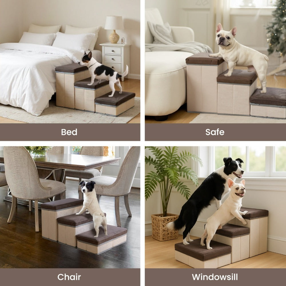 Foldable Dog Stairs 3 Tier with Storage Compartments – Adjustable Pet Steps for Bed & Sofa, Soft Flannel, 60x35x31cm | Small & Medium Dogs and Cats