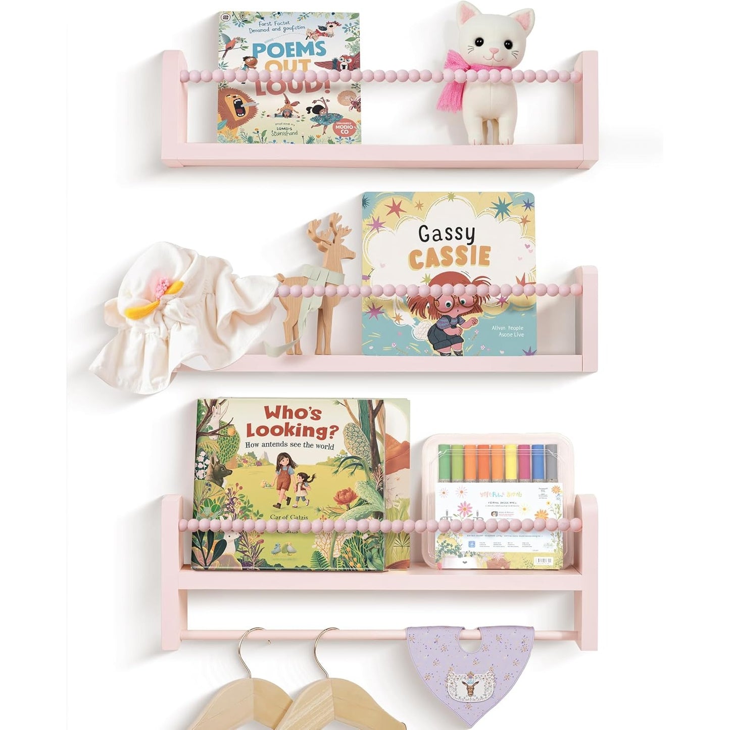 40cm Set of 3 Shelves Floating Book Shelf for Wall, Shelves for Bedroom Bookshelf Pink Room Decor, Solid Wood Small Organizer With Wooden Bead Design