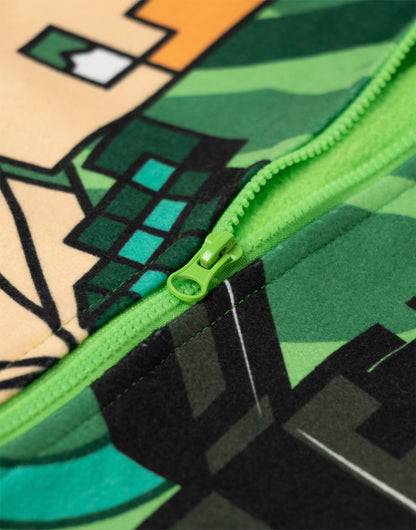 Minecraft Creeper Boys Green Zip-Up Onesie | Long Sleeve Microfleece Sleepwear with Steve & Enderman Print | Kids Gamer Nightwear | Ideal for Bedtime & Lounging | Minecraft Merch - 13-14 Years