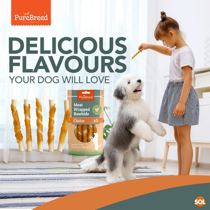 Chicken Rawhide Twist Dog Chews 50 Pack – Low Fat High Protein Meaty Chew Sticks for Dogs & Puppies, Long-Lasting Training Treats, Boredom Busting Snacks for Indoor & Outdoor