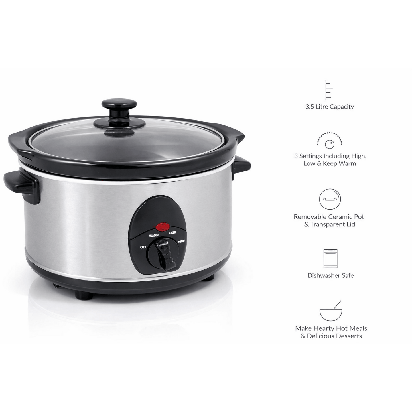 1.5Ltr Oval Slow Cooker 120W Removable Pot, 3 Heat Settings, Tempered Glass Lid, Compact Family Size Cooker - 3 Heat Settings - Removable - Power & Temp Indicator Light - Toughened Glass Lid - Cool Touch