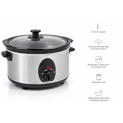 1.5Ltr Oval Slow Cooker 120W Removable Pot, 3 Heat Settings, Tempered Glass Lid, Compact Family Size Cooker - 3 Heat Settings - Removable - Power & Temp Indicator Light - Toughened Glass Lid - Cool Touch
