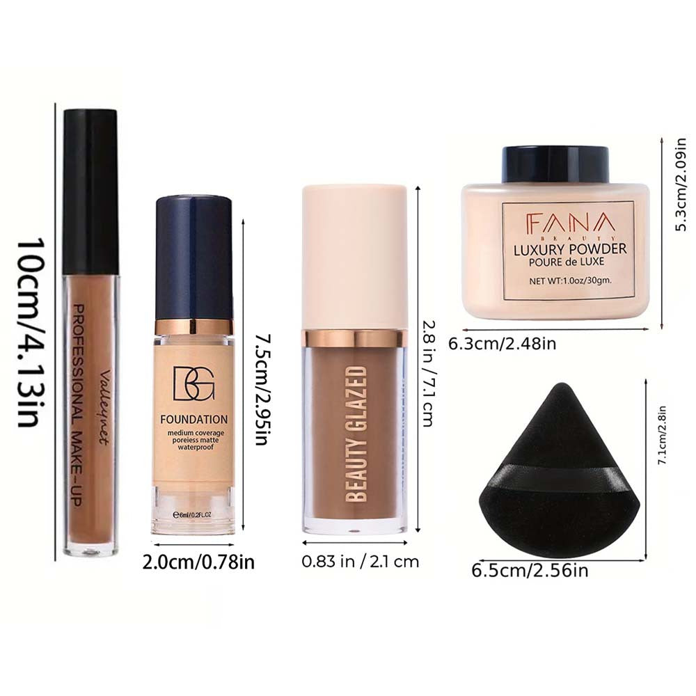 [Face Base Kit] 5pcs/Set Complete Face Base Kit - High-Coverage Concealer, Lightweight Liquid Foundation, 3D Contouring Cream, Oil-Control Loose Powder And Soft Puff - Long-Lasting Matte Flawless End Set