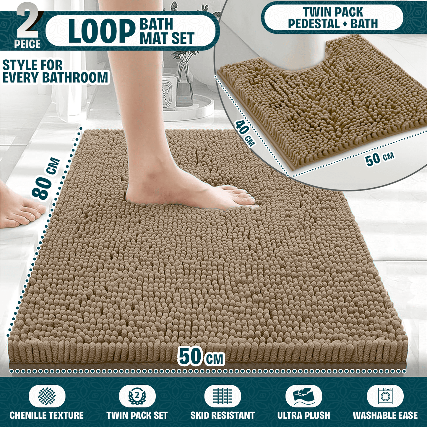 2-Piece Loop Bathroom Mat Set | Soft Chenille Microfiber Rugs with Non-Slip Backing | Machine Washable | Includes 50x80cm Bath Mat & 50x40cm Pedestal Mat | Stylish, Comfy & Durable | UK STOCK | LOCAL WAREHOUSE