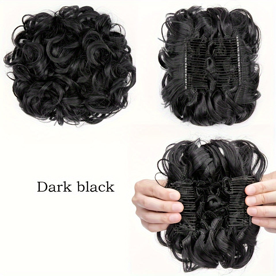 Easy-To-Use Clip-In Ponytail Extension with a Scrunchie for a Short, Messy Curly Bun