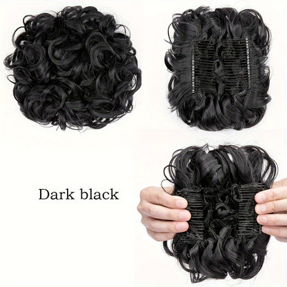 Easy-To-Use Clip-In Ponytail Extension with a Scrunchie for a Short, Messy Curly Bun