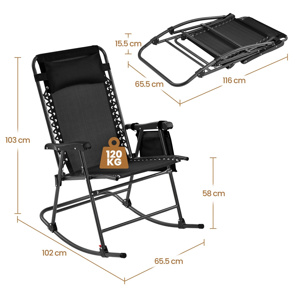 Costoffs Patio Chair Foldable Rocking Chair, Outdoor Lounge Chair with Headrest Pillow for Outdoor Use Only, Napping or Sunbathing, Black/Beige/Navy Blue Outdoor Use Only