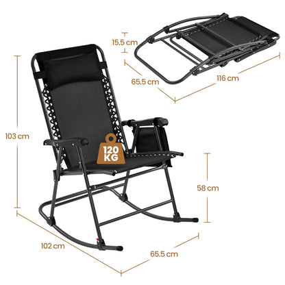 Costoffs Patio Chair Foldable Rocking Chair, Outdoor Lounge Chair with Headrest Pillow for Outdoor Use Only, Napping or Sunbathing, Black/Beige/Navy Blue Outdoor Use Only
