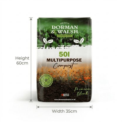 Dorman & Walsh Multi-Purpose 50L Compost Bag, Nutrient Rich Compost for Potting & Seeds, Growing Garden, Houseplants, Flower beds and Vegetables