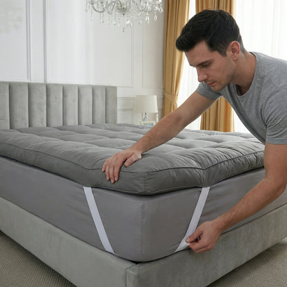Grey Mattress Topper 4-Inch / 10cm Hotel Quality Deep Fitted Mattress Pad with Corner Elasticated Straps Quilted Box Stitch Breathable All-Season Comfort Single Double Small Double King Super King, 1000GSM Fiber Fill