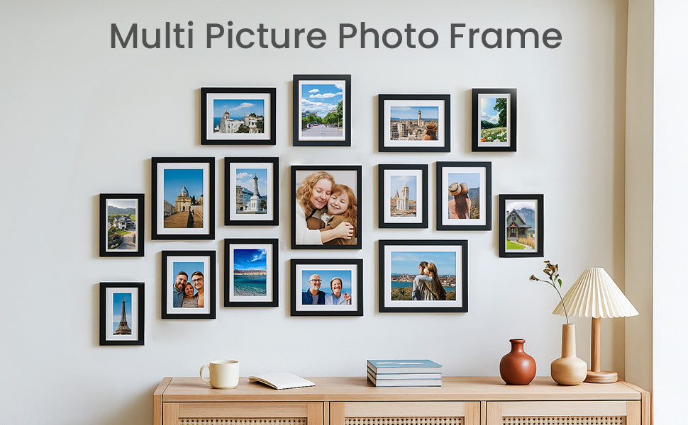 19 Pcs Wooden Photo Frame Set, Multi Size Picture Frames with Stand & Wall Hooks, Tabletop or Wall Mounted Display