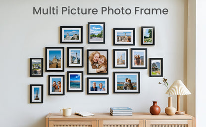 19 Pcs Wooden Photo Frame Set, Multi Size Picture Frames with Stand & Wall Hooks, Tabletop or Wall Mounted Display