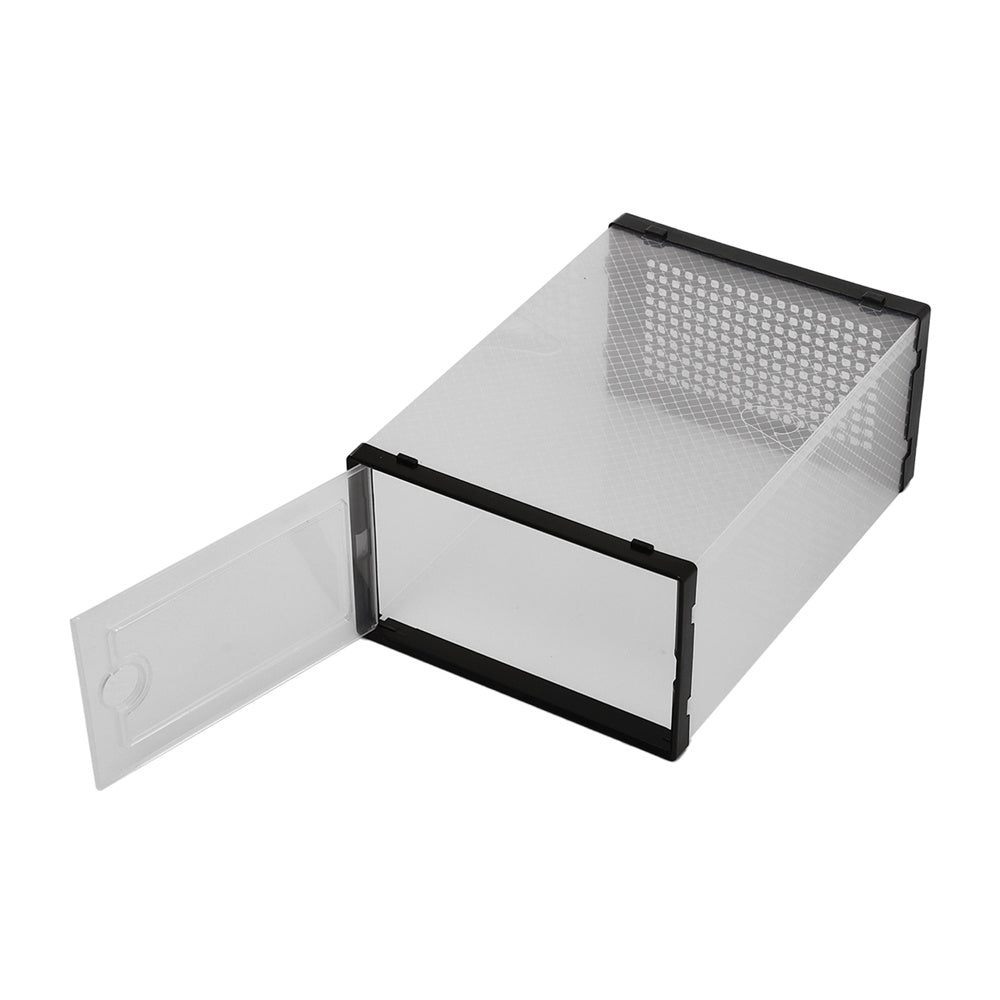 Folding Shoe Storage Box, 12 Pack Clear Transparent Shoe Storage Boxes Hard Plastic Stackable Organiser Containers Bins, DIY Easy Assembly, Sturdy & Durable, Space Saving, Black Door Frame, Foldable and Versatile for Sneakers, Fit up to UK Size 9.5