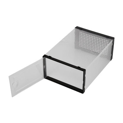 Folding Shoe Storage Box, 12 Pack Clear Transparent Shoe Storage Boxes Hard Plastic Stackable Organiser Containers Bins, DIY Easy Assembly, Sturdy & Durable, Space Saving, Black Door Frame, Foldable and Versatile for Sneakers, Fit up to UK Size 9.5