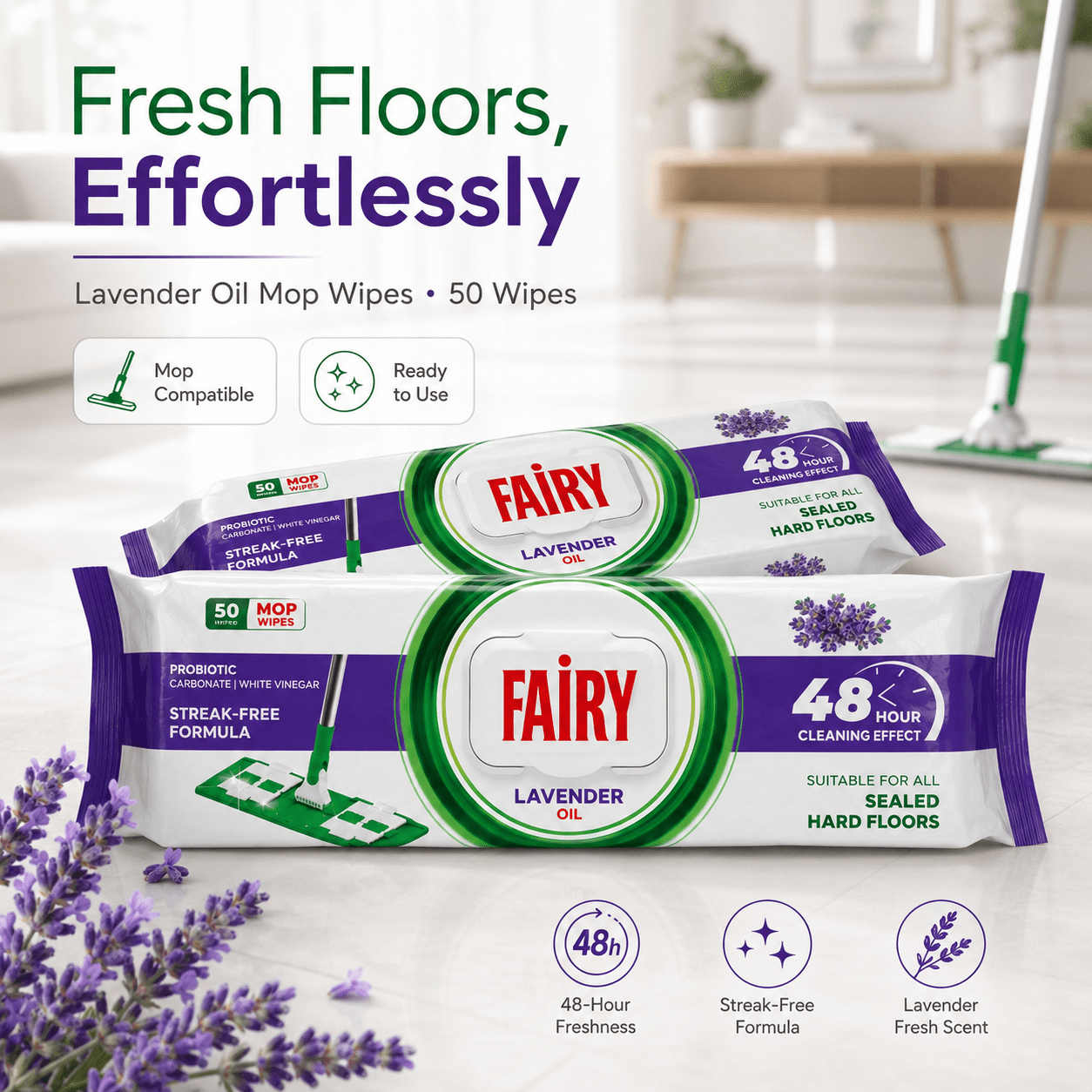 Fairy Power Lavender Scented Floor Cleaning Towels – 50 Mop-Compatible Disposable Wipes, Suitable for All Surfaces, Dermatologically Tested, Streak-Free Clean