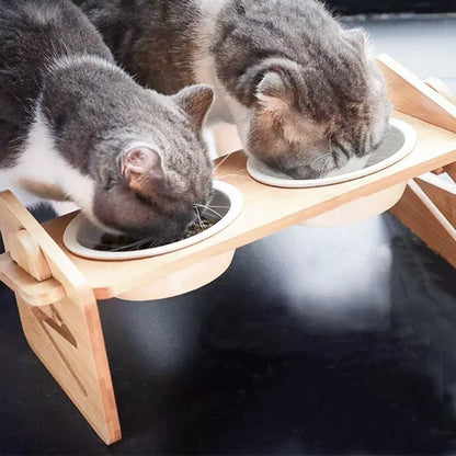 Raised Cat Bowl, Cat Bowls with Stand Tilted 15°, Adjustable Elevated Ceramic Cat Food Bowl for Cats and Small Dog, Adjustable Dog Bowl Stand - Raised Bamboo Stand with One, Two, or Three Ceramic Bowls for Feeding Small,Medium Sized Dogs, Cats,and Pets -