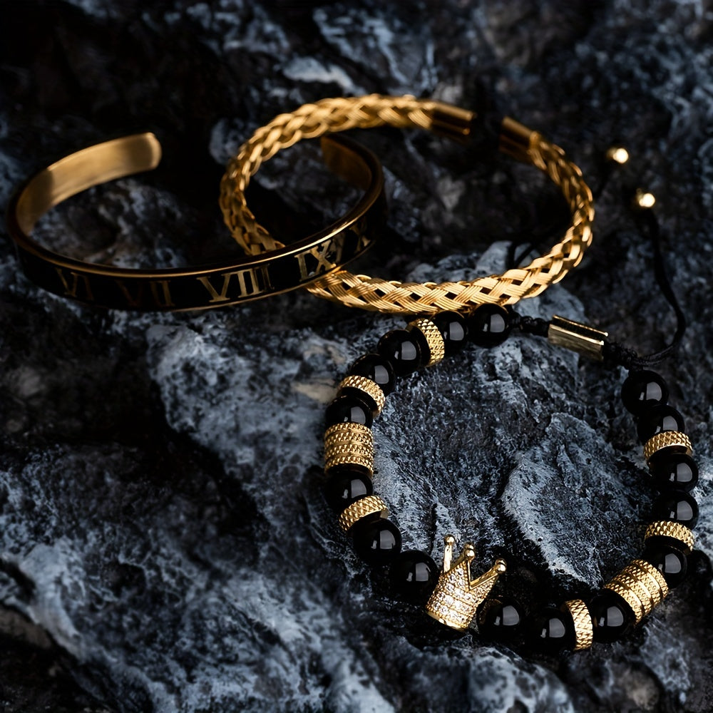 Men's Adjustable Bracelet - Casual Style, Stainless Steel with Gun Black Plating & Synthetic Zirconia - All Season Wear | Roman Crown Charm Design | Ideal for Daily Wear & Gifting
