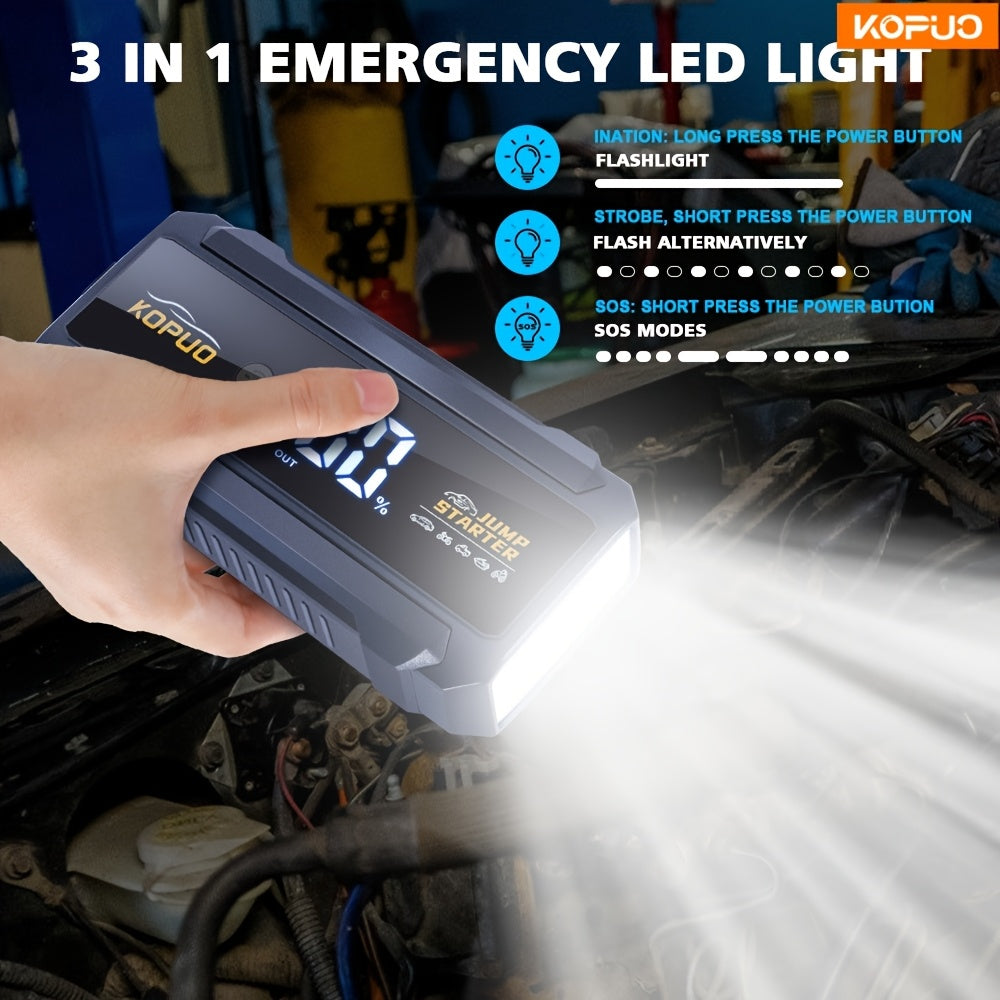 KOPUO 5000A Peak Portable Car Jump Starter for 12V Battery Booster - Smart Jumper Cables with Display, Dual USB Charging, Bright LED Light | Fits 8L Gasoline And 6L Diesel Engines, Compact Reliable Emergency Power, Essential for Emergency Vehicles!