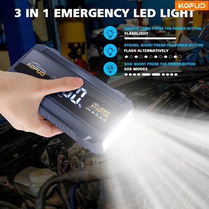 KOPUO 5000A Peak Portable Car Jump Starter for 12V Battery Booster - Smart Jumper Cables with Display, Dual USB Charging, Bright LED Light | Fits 8L Gasoline And 6L Diesel Engines, Compact Reliable Emergency Power, Essential for Emergency Vehicles!