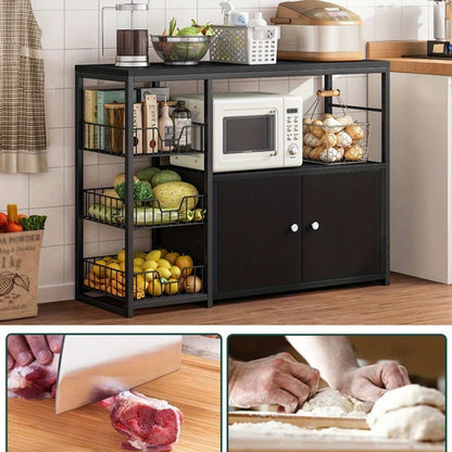 A Kitchen Cupboard Featuring a Flap Door And a Three-Tier Wire Basket, Suitable for Storing Bread, Dining Items, And Other Kitchen Essentials. This Freestanding Storage Unit Can Be Used in The Living Room, Bathroom, Kitchen, Or Laundry