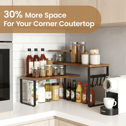 3-Tier Adjustable Countertop Organizer Spice Rack, Corner Shelf with 4 Hooks, Rustic Kitchen Counter Organizer for Coffee Bar, Bathroom, Cabinet, Desk