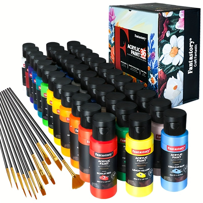Fantastory 24/36pcs Acrylic Paint Set, 24/36Classic Colors(2oz/60ml), Professional Craft Paint, Art Supplies Kit for Adults, Canvas/Fabric/Rock/Glass/Stone/Ceramic/Model/Wood Painting with 10 Brushes.