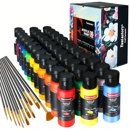 Fantastory 24/36pcs Acrylic Paint Set, 24/36Classic Colors(2oz/60ml), Professional Craft Paint, Art Supplies Kit for Adults, Canvas/Fabric/Rock/Glass/Stone/Ceramic/Model/Wood Painting with 10 Brushes.
