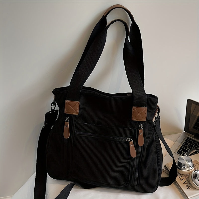 Corduroy Tote Bag Women Large Capacity – Adjustable Shoulder Strap, Multi-Pocket Crossbody Handbag for Work, Shopping & Daily Commute | Beige Vintage Style