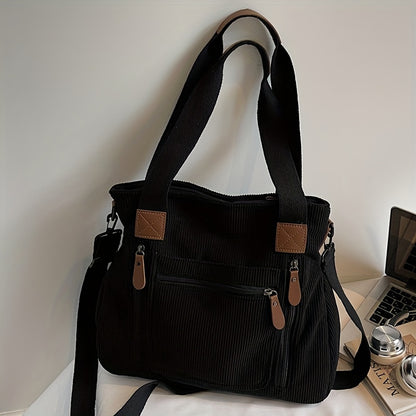 Corduroy Tote Bag Women Large Capacity – Adjustable Shoulder Strap, Multi-Pocket Crossbody Handbag for Work, Shopping & Daily Commute | Beige Vintage Style