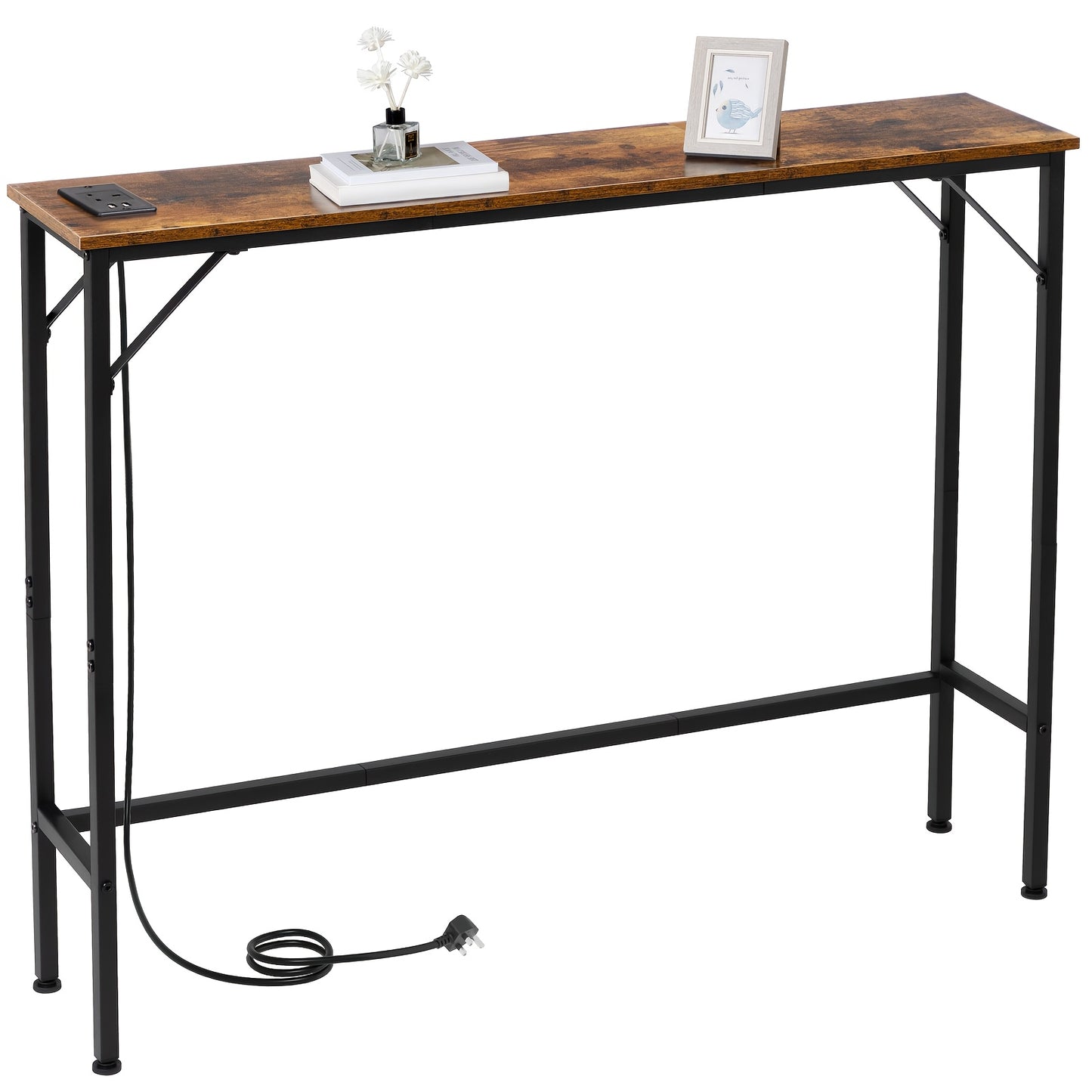 AMHANCIBLE Console Table with Charging Station, Narrow Sofa Table, 1 AC Socket & USB Ports, Entrance Table, Narrow Side Table for Living Room, Metal Frame, Brown