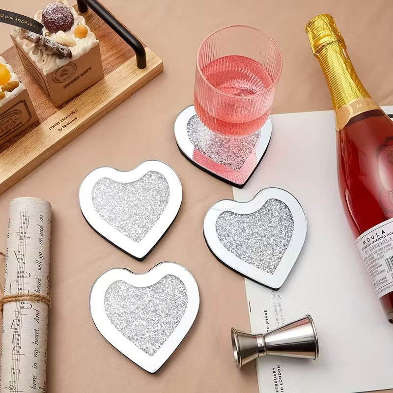 SERENA'S ® Set of 4 Heart Crystal Coasters – 10cm Glass Mirrored Drink Coasters with Glitter Crushed Diamond Design – Elegant Coasters for Home, Kitchen, Bar, or Table Decoration