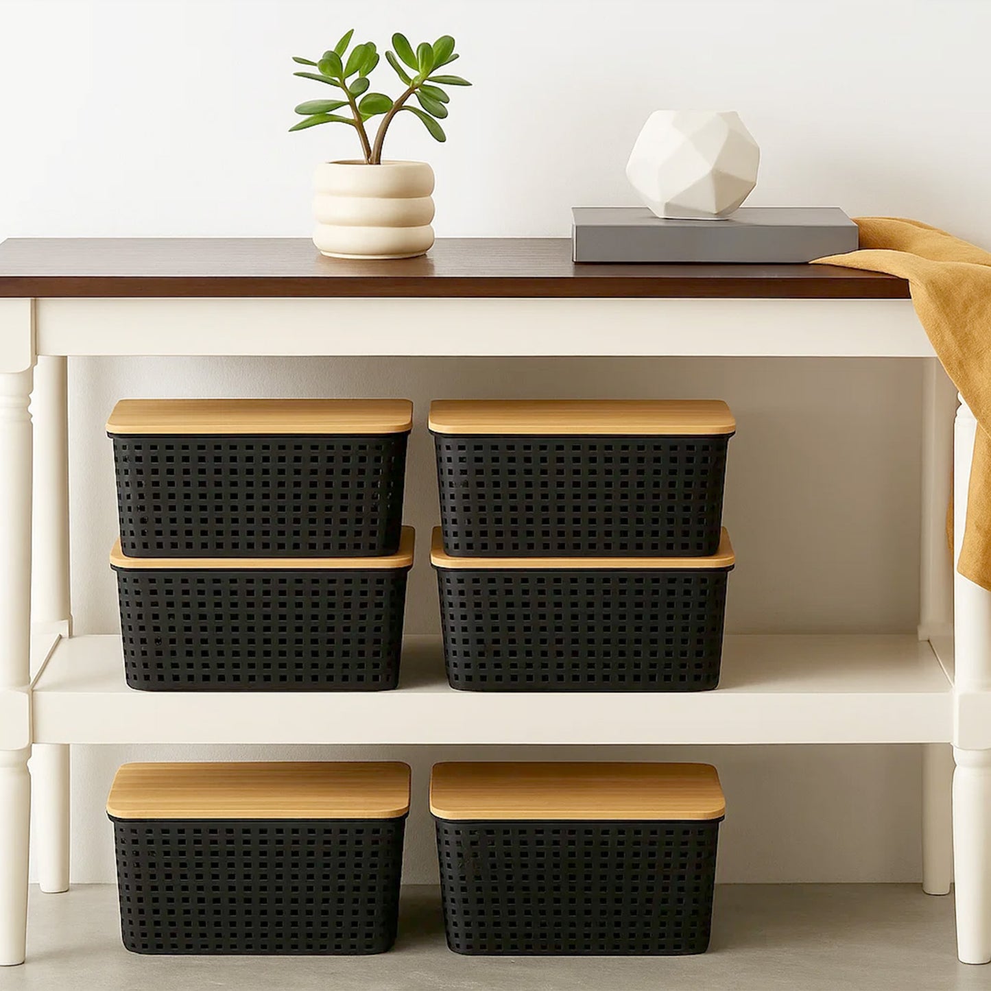 6-Pack Black Stackable Storage Bins with Bamboo Lids – Modern Lidded Plastic Boxes for Kitchen, Bathroom, Office, or Wardrobe Organization
