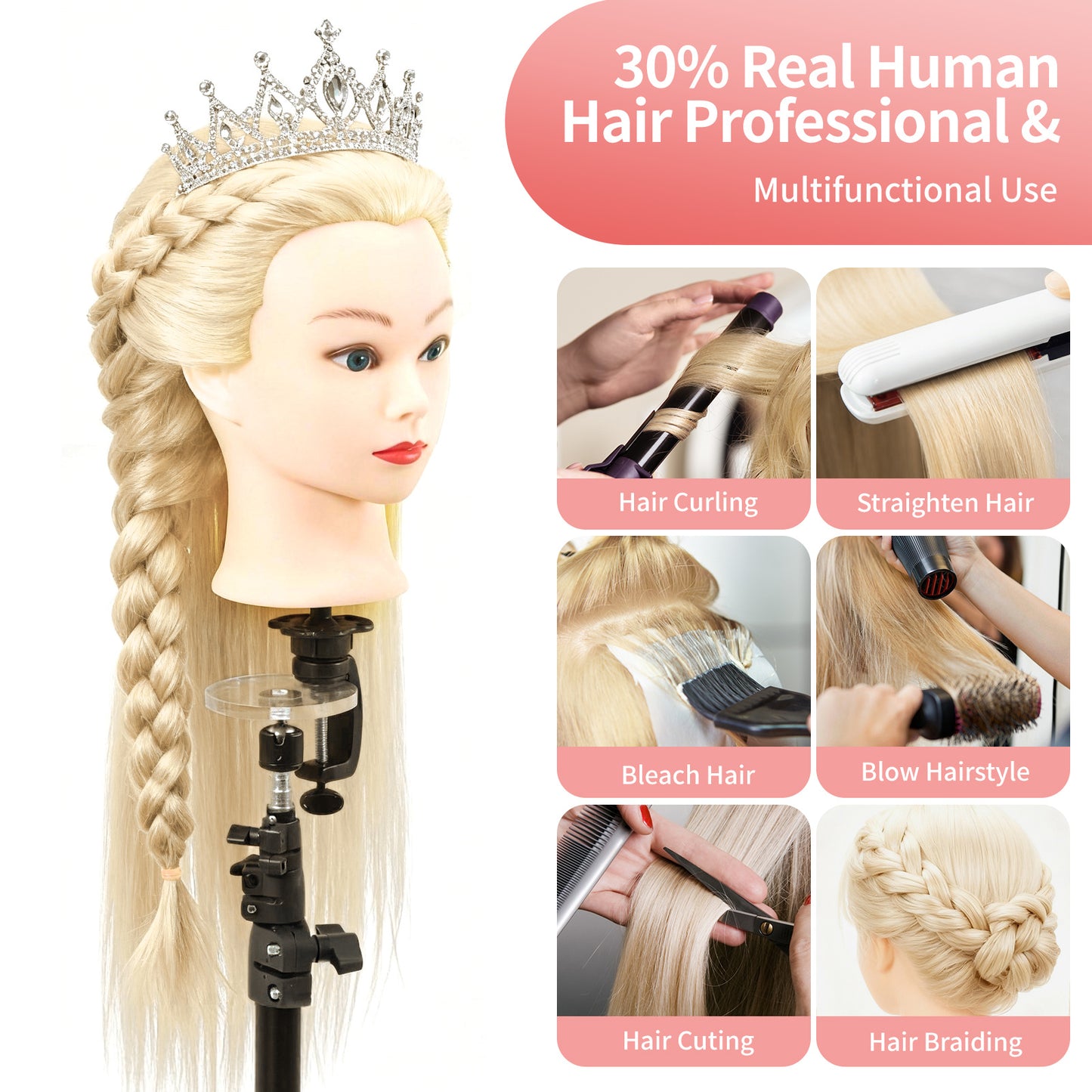 24"/28" Hairdressing Styling Mannequin Doll Salon Training Hair Clamp Professional