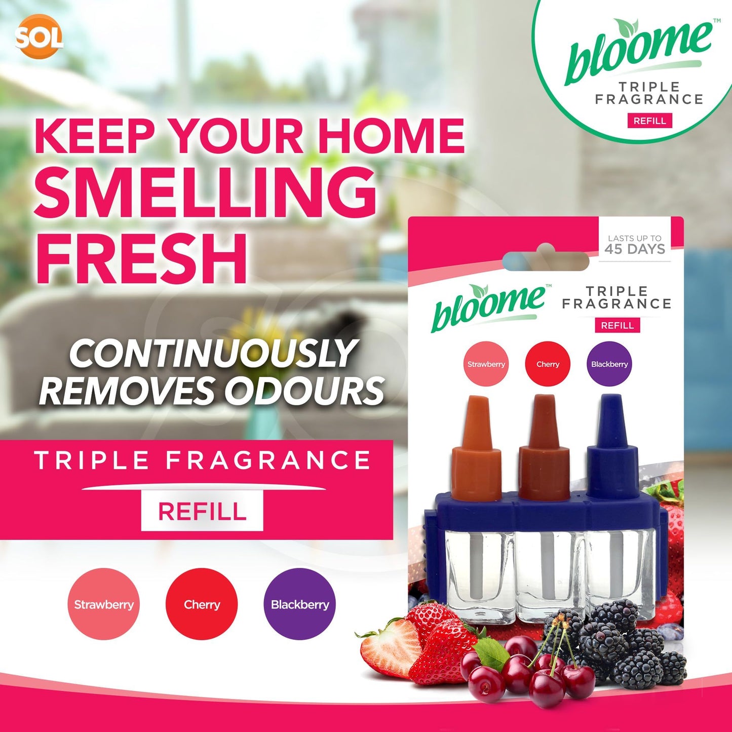 SOL 15 Pack (5 × 3pk) Plug-In Air Freshener Refills | Triple Fragrance Berry Variant with Strawberry, Blackberry & Cherry Scents | Odour Eliminator Fragrance Oils for Home Plug-In Diffusers | Long-Lasting & Leak-Resistant Design
