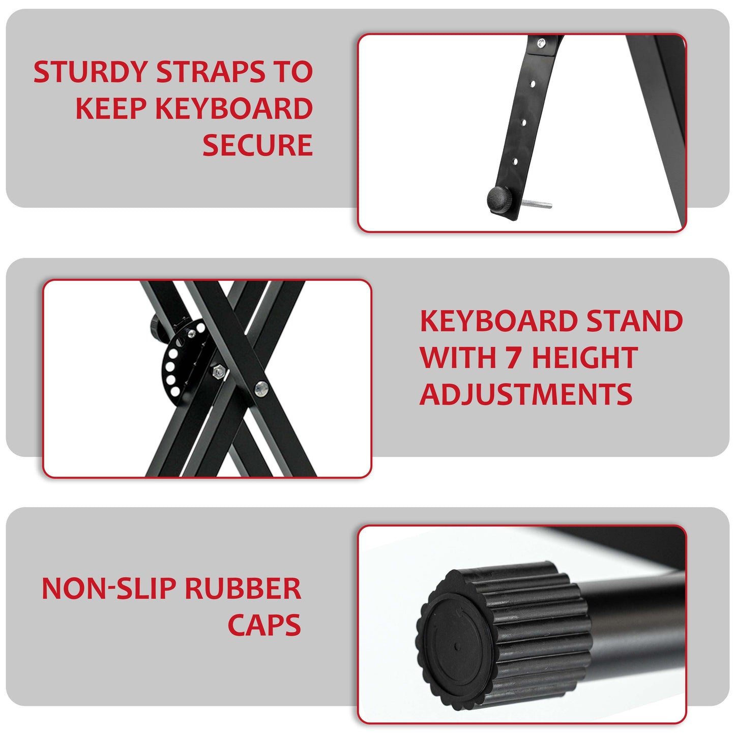 X-Frame Keyboard Stand - Height Adjustable Single/Double Braced for Keyboards, Synthesisers and Digital Pianos - Black