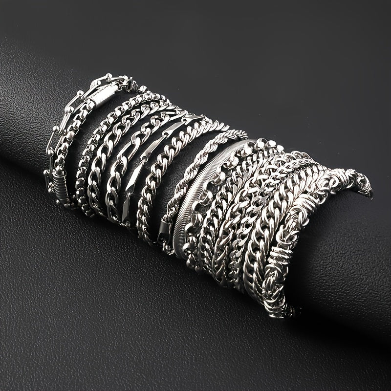 Hip Hop Style - Stainless Steel - Cuban Bracelets 12pcs - Perfect for Daily Wear & Gifts