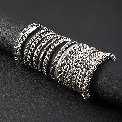 Hip Hop Style - Stainless Steel - Cuban Bracelets 12pcs - Perfect for Daily Wear & Gifts