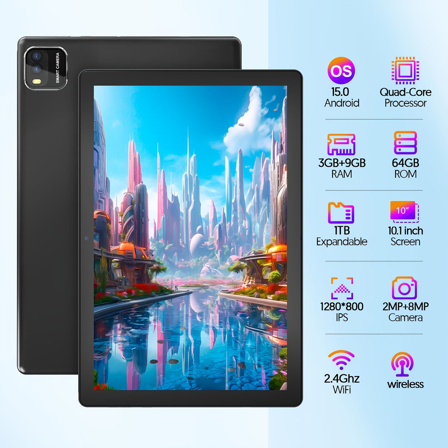 10-inch Android 15 Tablet, 12GB (3GB + 9GB) RAM, 64GB ROM, Supports Up to 1TB Memory Expansion, 6000mAh Battery, 1280×800 IPS HD Touchscreen, 2MP + 8MP Dual Cameras, 5G Wi-Fi, Tablet (Black). Optional Christmas Gift Accessories: Tablet with Leather