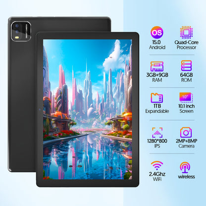 10-inch Android 15 Tablet, 12GB (3GB + 9GB) RAM, 64GB ROM, Supports Up to 1TB Memory Expansion, 6000mAh Battery, 1280×800 IPS HD Touchscreen, 2MP + 8MP Dual Cameras, 5G Wi-Fi, Tablet (Black). Optional Christmas Gift Accessories: Tablet with Leather