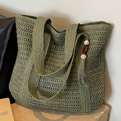 Elegant Large Capacity Woven Tote Bag | Fixed Shoulder Straps, Zipper Closure, Ideal for Daily Commute, Shopping, And Travel, Perfect Lily Brand