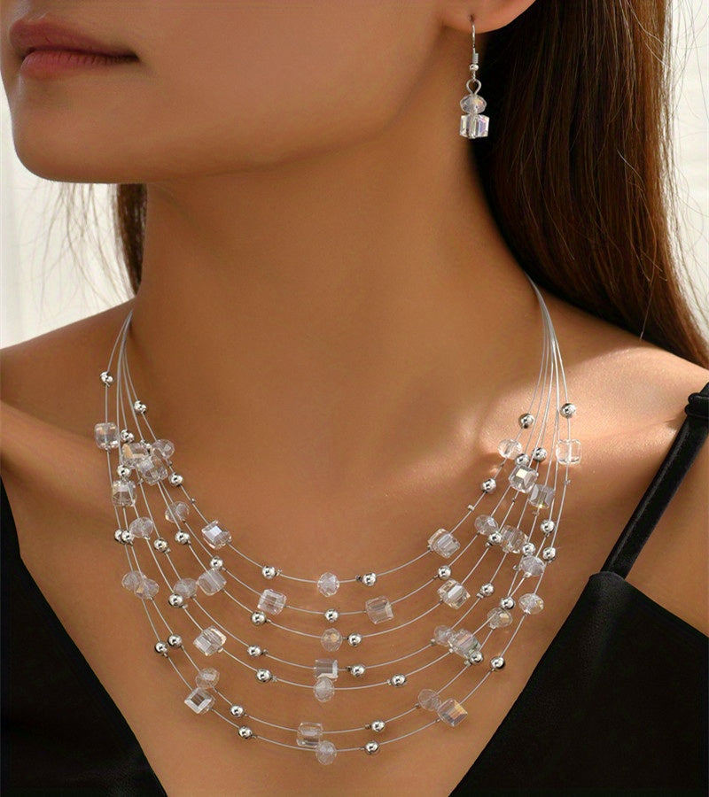 Elegant Boho Jewelry Set: Multilayer Square Necklace & Earrings | Resin, Ideal for Banquet, Daily Wear or Gifts