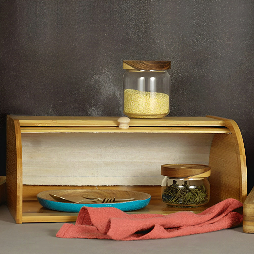 Bamboo Bread Bin Countertop Bread Storage for Kitchen with Roll Top Lid, Large Capacity Containers for Bread, Spice, Kitchen Stool, Fruits, Snack, Natural