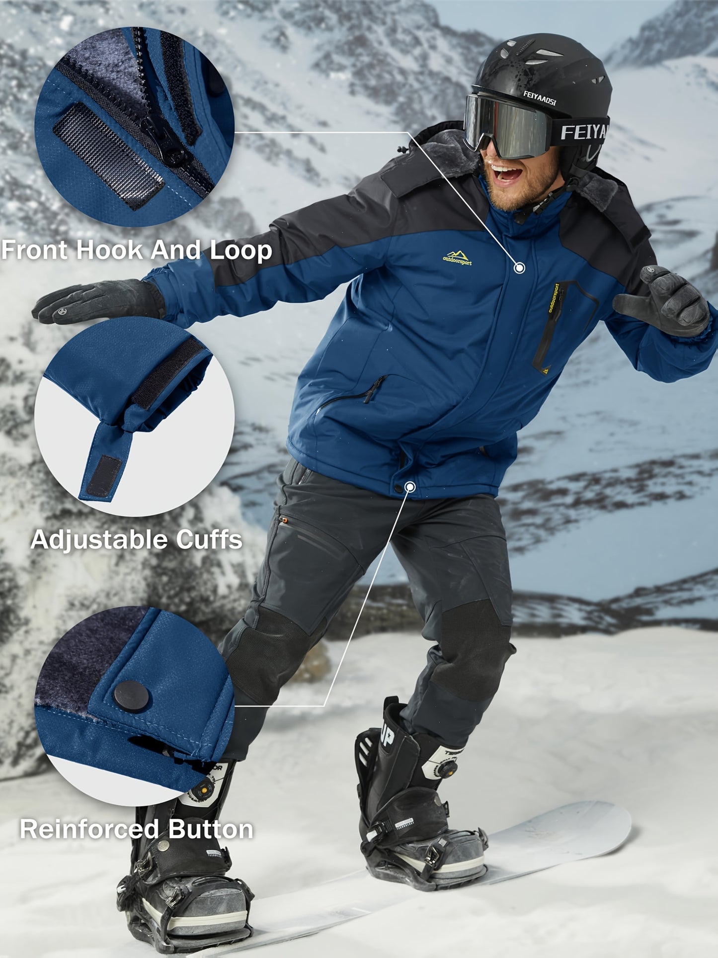 Men'S Ski Jacket Winter Warm Fleece Lined Coats Outdoor Snowboard Thermal Hiking Parka Chest Pockets Hooded Jogging Camping Fishing Climbing Casual Windbreaker