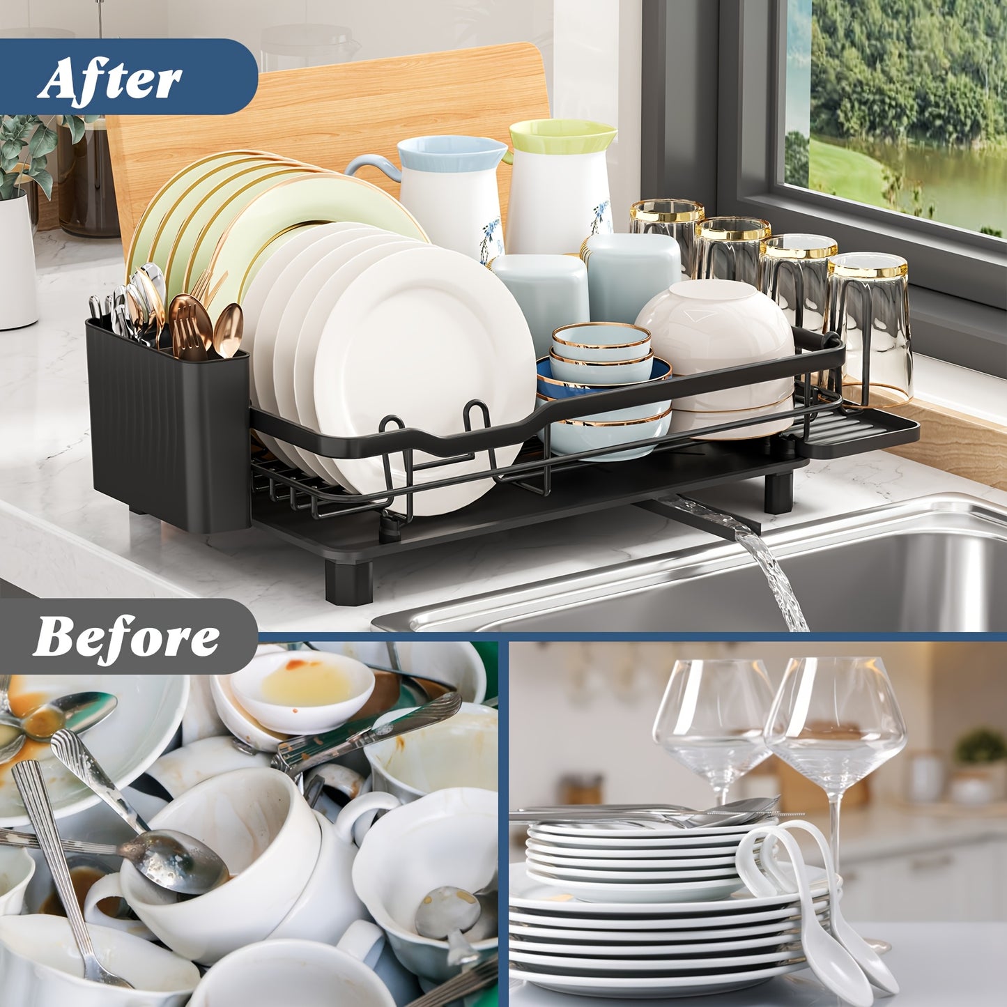 Dish Drying Rack, Dish Drainer Dish Rack, Dish Rack For Kitchen Counter, Dish Drainer With Drainboard Set And Utensil Holder