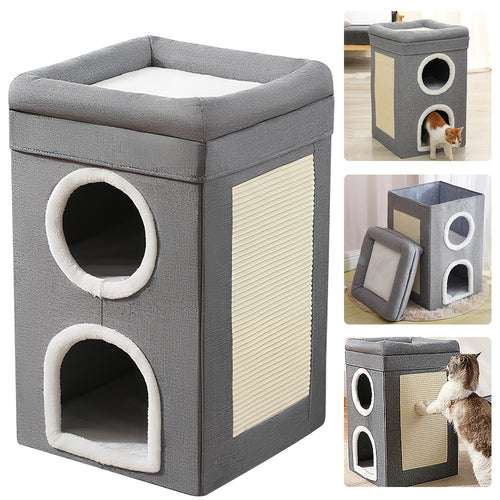 3-in-1 Cat House Cave & Foldable Cat Bed with Scratching Board – Washable Enclosed Pet Nest, Fluffy Interior, All-Season, Grey, 41x41x64cm